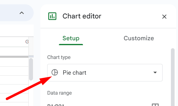 red arrow pointing to ‘Pie chart’ in ‘Chart editor’