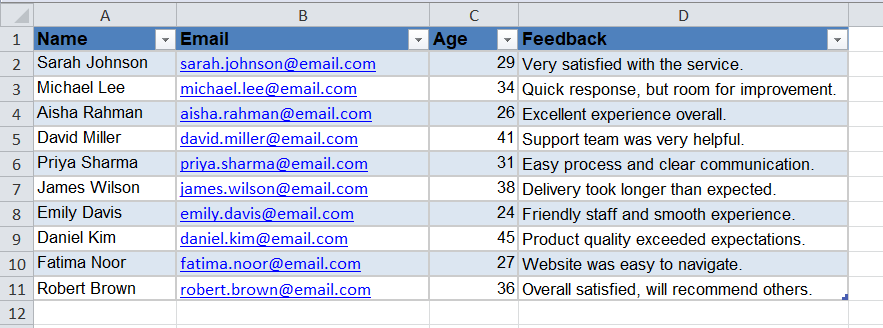 structured data in an Excel table