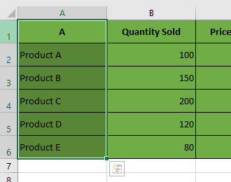 all data are selected of column A