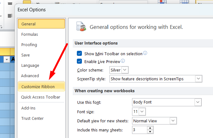red arrow pointing to “Customize Ribbon”