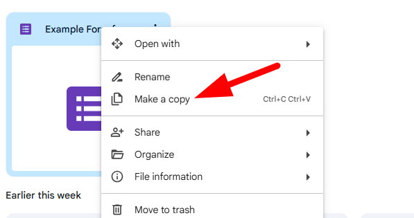 red arrow pointing to "Make a copy" of a google form