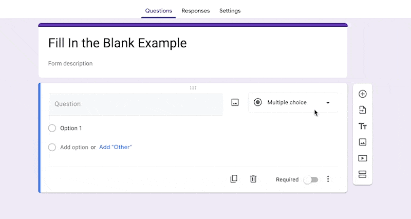 Gif of clicking to change the question type in Google Forms