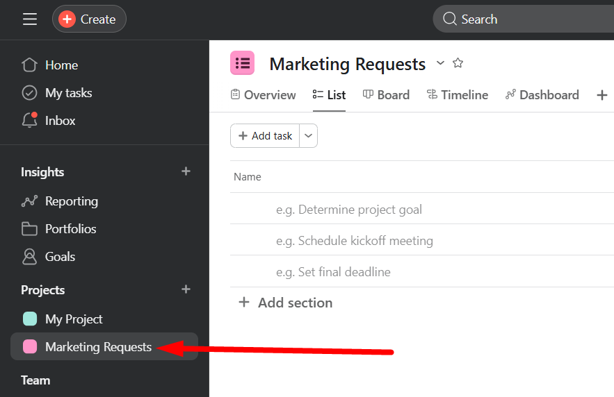red arrow pointing to the project in Asana