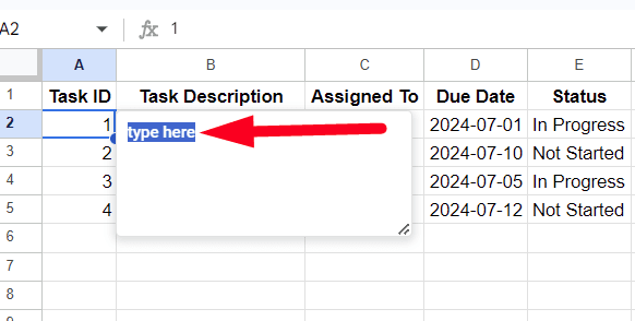 red arrow pointing to “type here” to insert note (1)