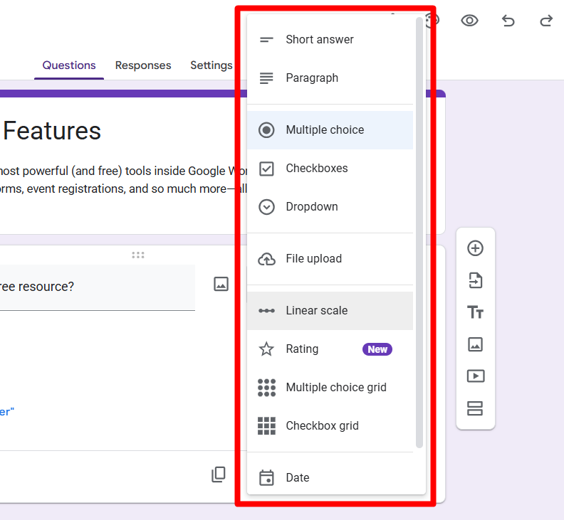 ed rectangle highlights the question type dropdown menu