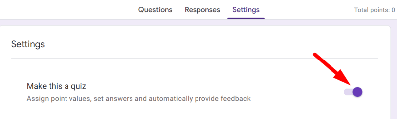 red arrow pointing to the “Make this a quiz” toggle when it is on