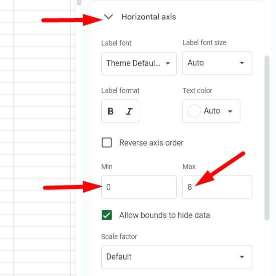 red arrow pointing to “Horizontal axis” when its open