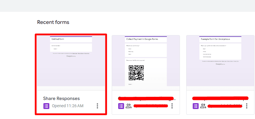 red rectangle highlights the existing form in google forms