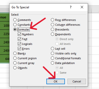 red arrow pointing to ‘Formulas’ and another red arrow pointing to ‘OK’ button in the Go To Special dialog box