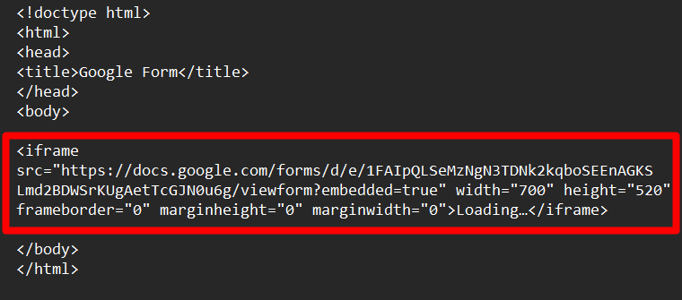 screenshot of html code where a rectangle highlights the google form html code