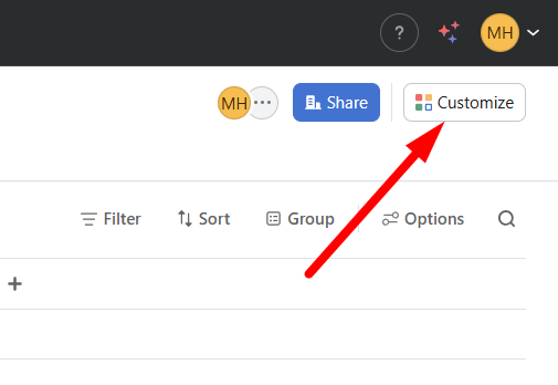red arrow pointing to Customize