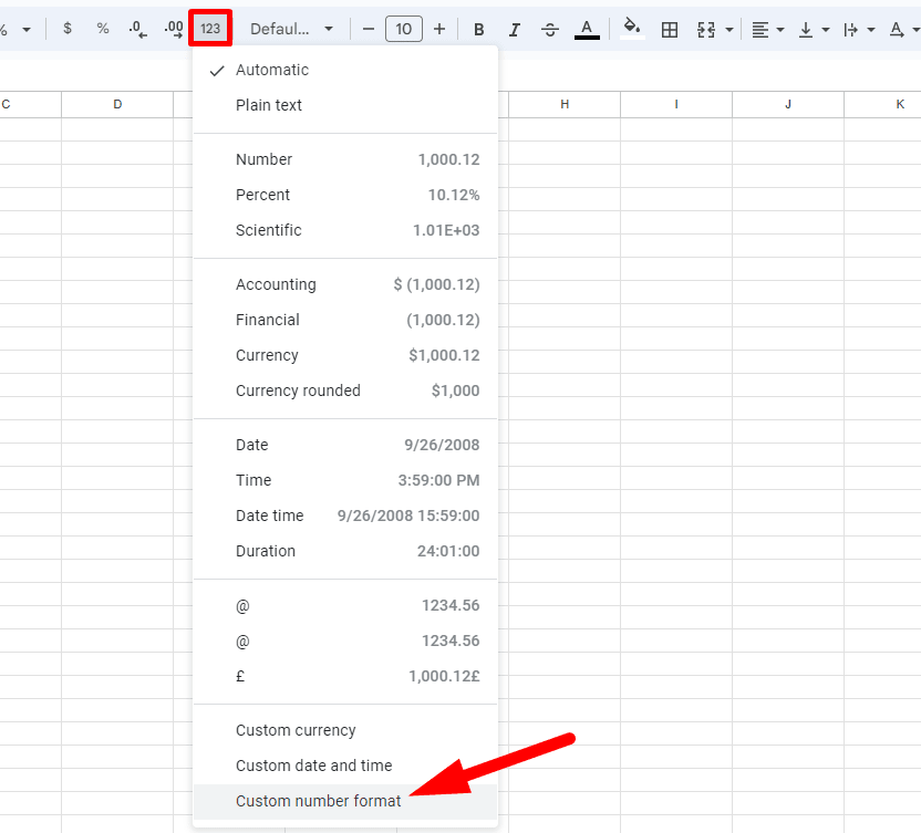 red rectangle highlights more formats icon and a red arrow pointing to “Custom number format”