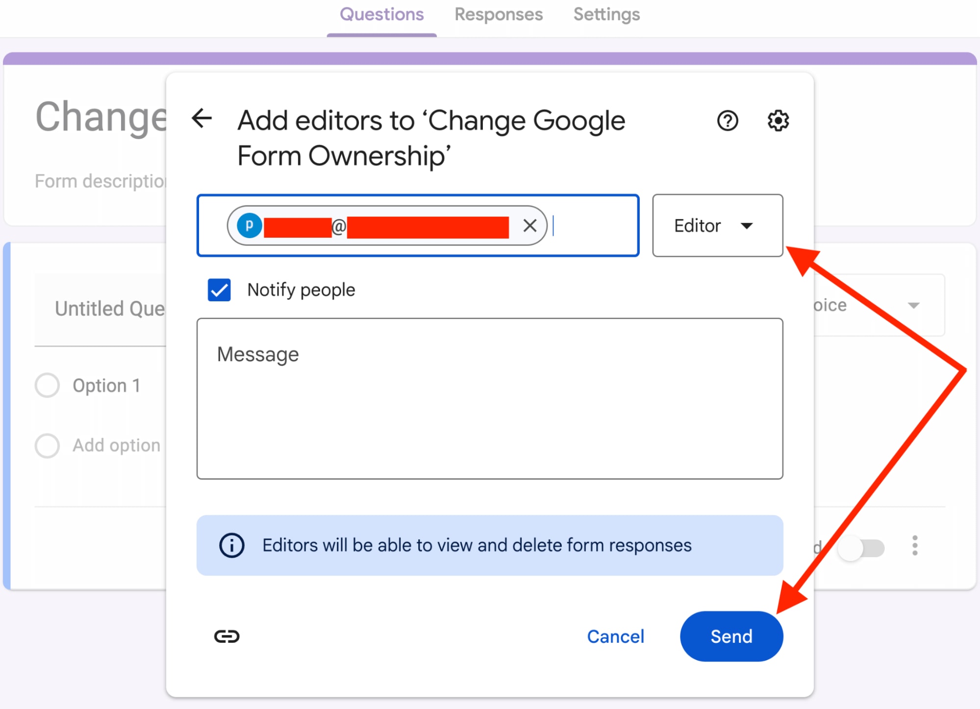 Two red arrows pointing towards “edit” dropdown option and the “send” button inside a Google Form