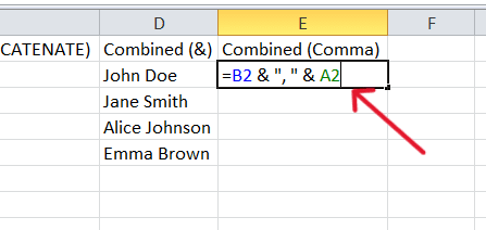 red arrow pointing to the formula for combine first and last name with comma