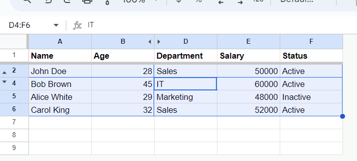 screenshot of selected cells in google sheet when some rows and columns are hide