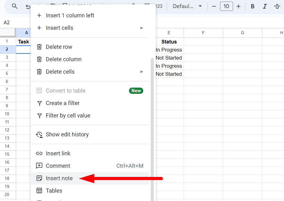 red arrow pointing to “Insert note” from the context menu