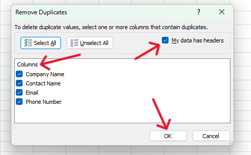 red arrow pointing to “My data has headers” checkbox and another red arrow pointing to ‘OK’ button