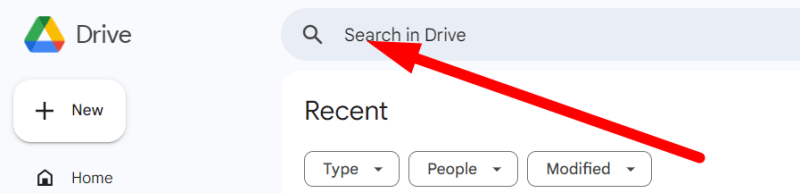 red arrow pointing to search bar in google drive