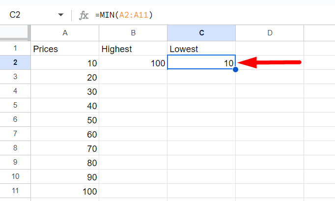 red arrow pointing to lowest value