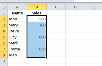 highlights the rata range that including blank cells
