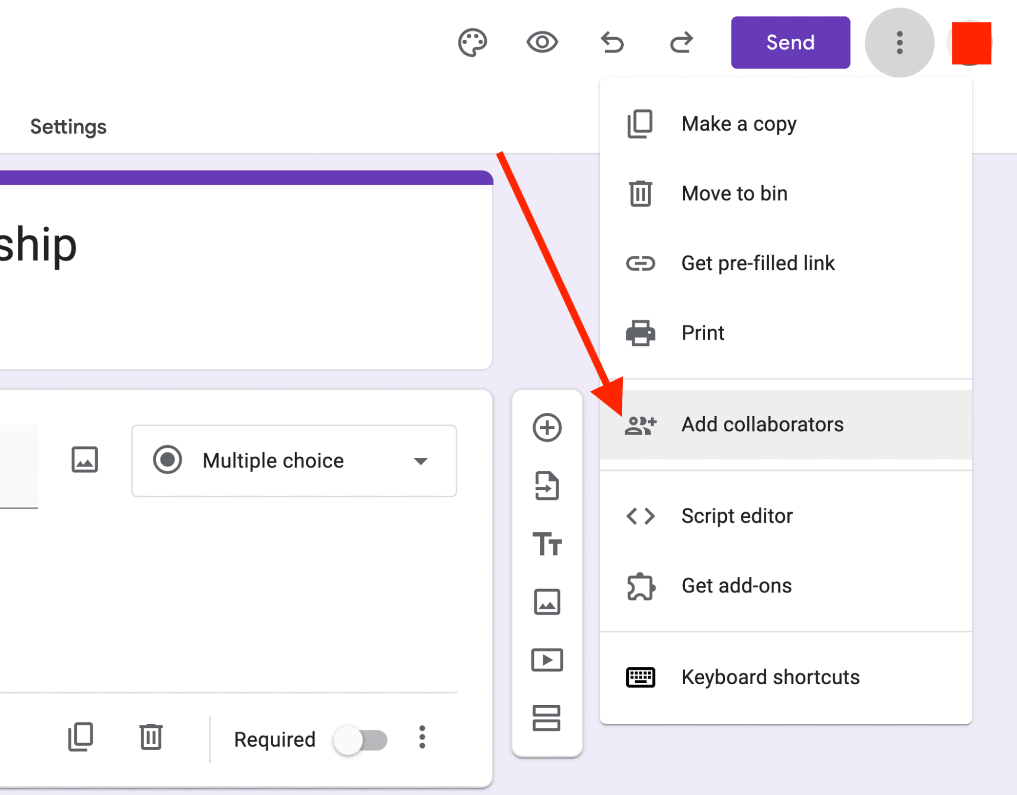Red arrow pointing towards “add collaborators” option from dropdown menu inside a Google Form