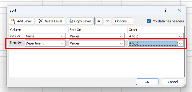red rectangle highlights the new level in Sort dialog box