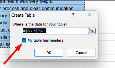 red arrow pointing to tick before “My table has headers” in a pop-up when it’s checked
