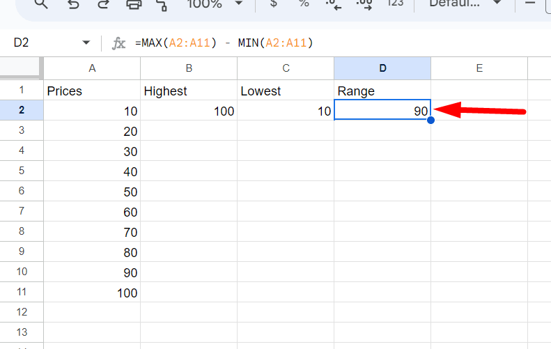 red arrow pointing to range value