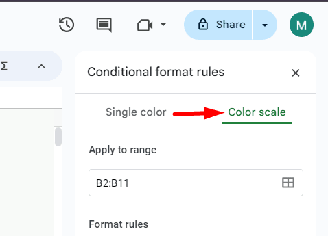 red arrow pointing to “Color scale” in conditional format rules