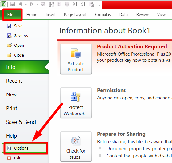red arrow pointing to ‘Options’ under file from Excel sheet toolbar
