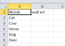 screenshot of an Excel sheet where some animals name in column A