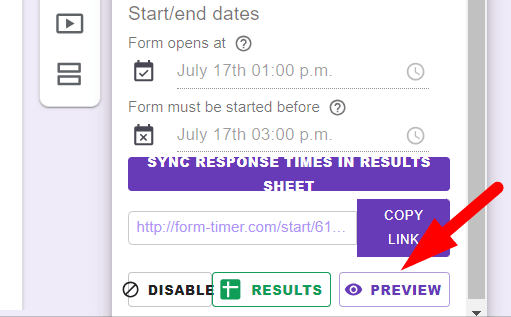 red arrow pointing to ‘Preview’ button in “Form Timer” configuration settings