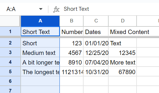 column a is selected in google sheet