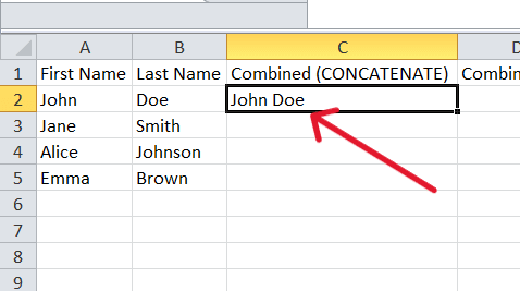 red arrow pointing to first and last name after combined using the CONCATENATE Function