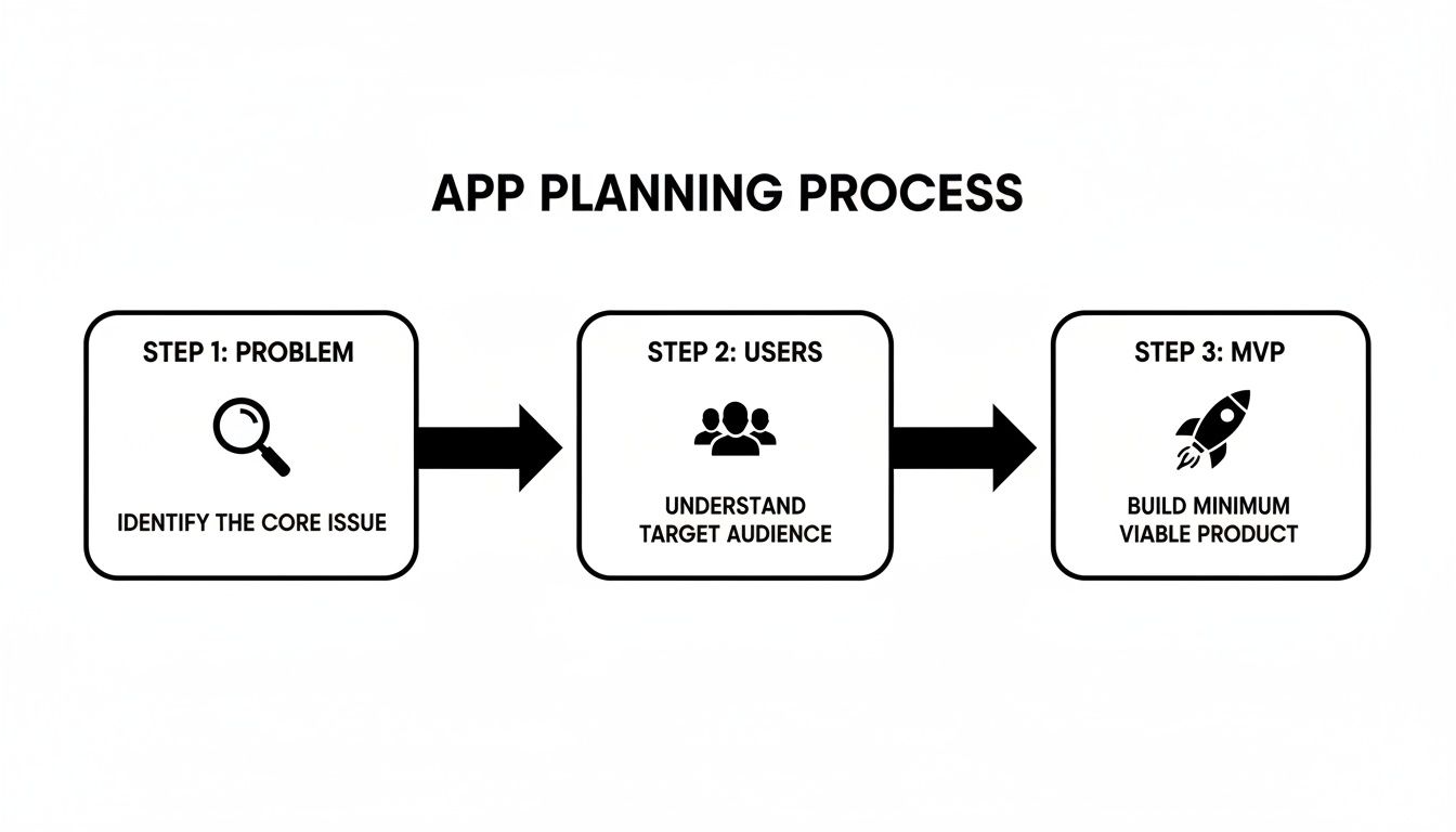 A diagram outlining a three-step app planning process: Problem, Users, and MVP development.