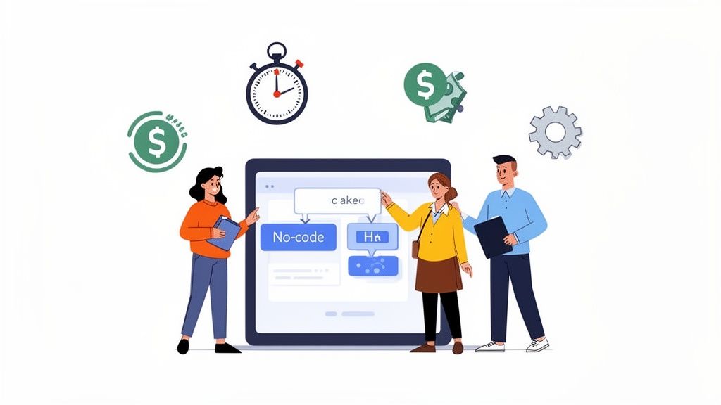 Three people collaborate around a large screen displaying 'No-code' app development blocks, surrounded by icons for money, time, and a gear.