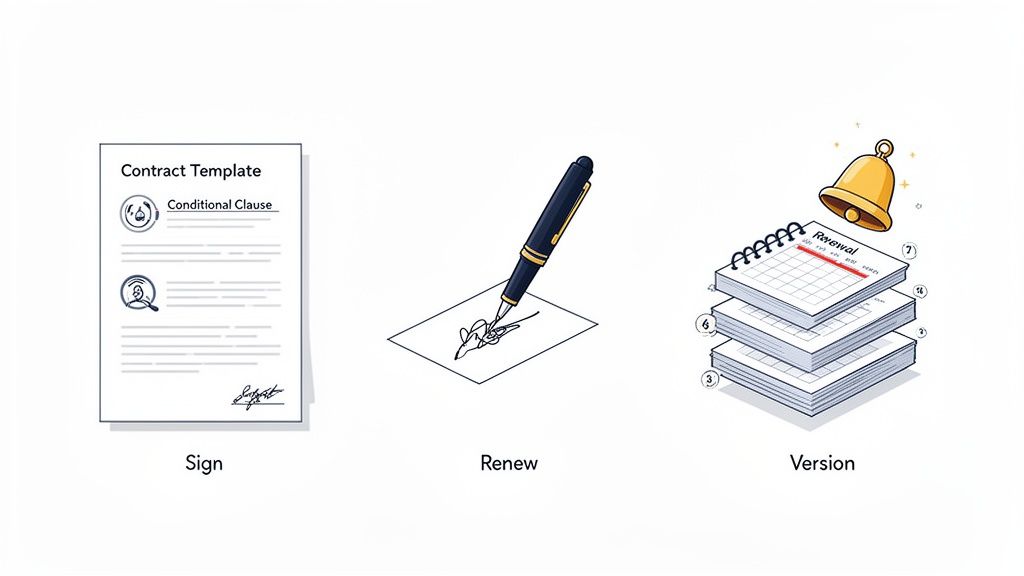 Visual steps of contract lifecycle: sign a template, renew agreement, and manage document versions.