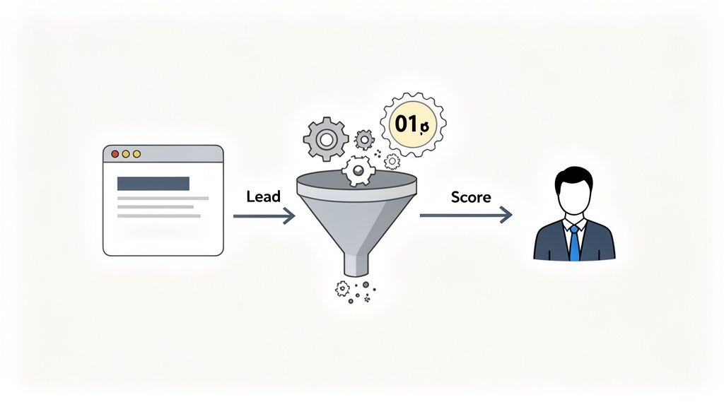Diagram showing a lead scoring process with a web input, a processing funnel with gears, and a scored person.