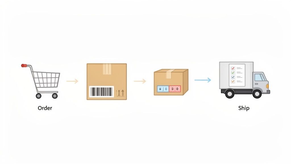 A visual representation of the order fulfillment process, showing a shopping cart, package preparation, and delivery.