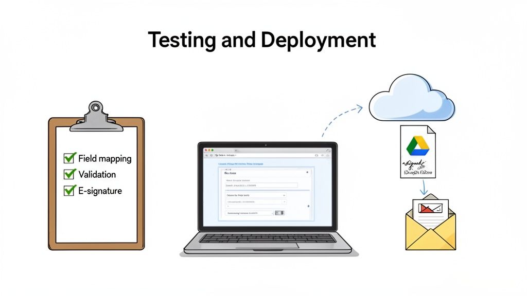 Illustration showing the testing and deployment workflow for forms, including field mapping, validation, e-signatures, and cloud integration.