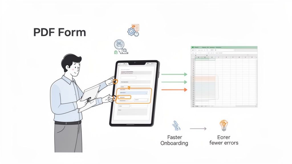 A man fills a digital PDF form on a tablet, illustrating data transfer to an Excel sheet for efficient processing.