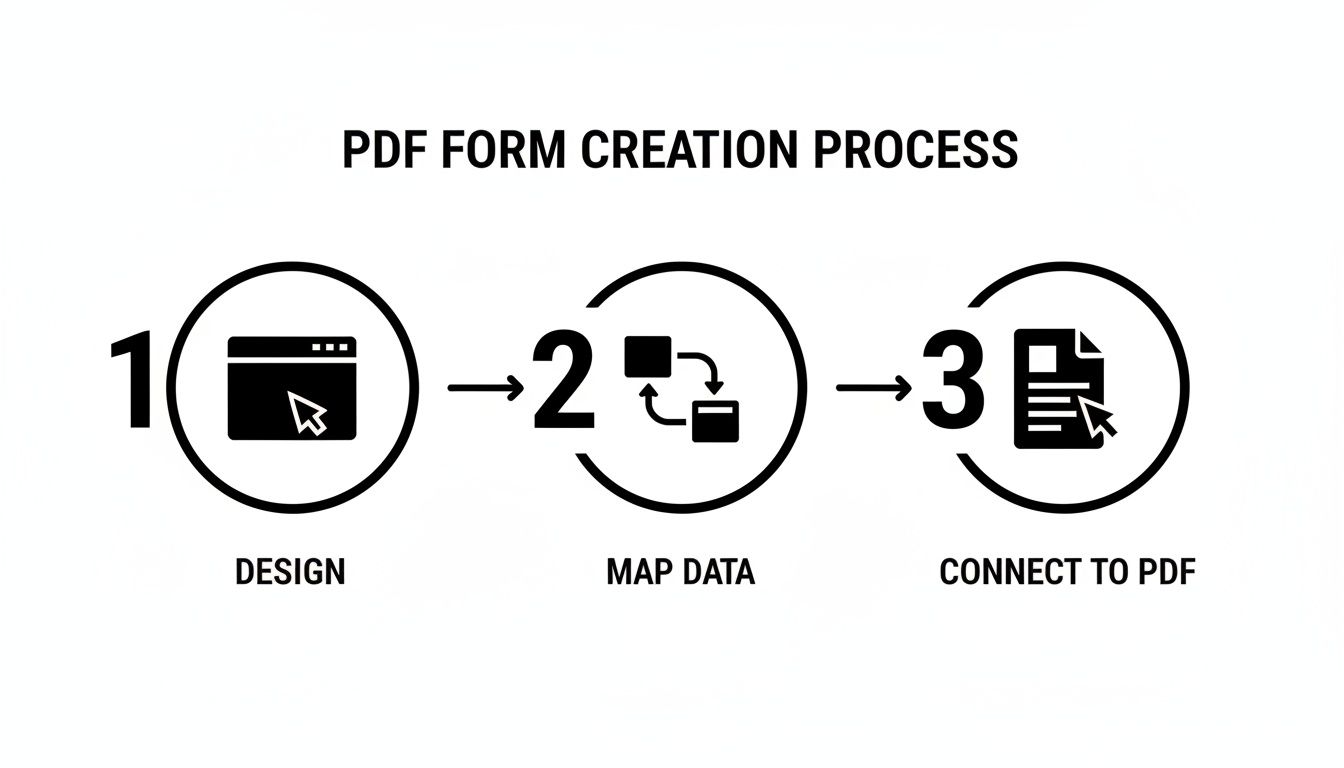 Diagram illustrating the 3-step PDF form creation process: design, map data, and connect to PDF.