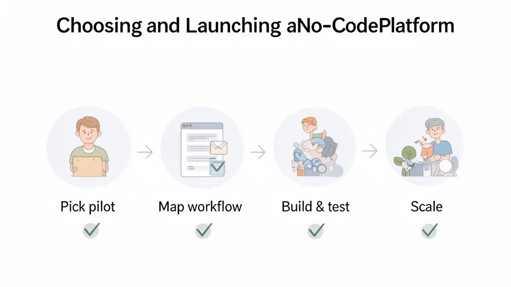 A visual guide illustrating four steps to choose and launch a no-code platform: Pick pilot, Map workflow, Build & test, Scale.