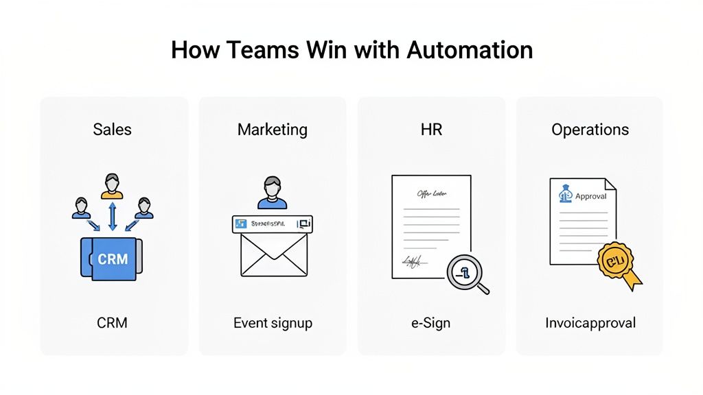 Four teams (Sales, Marketing, HR, Operations) win with automation examples: CRM, event signup, e-sign, and invoice approval.
