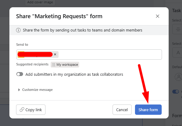 red arrow pointing to the “Share form” button in the pop-up