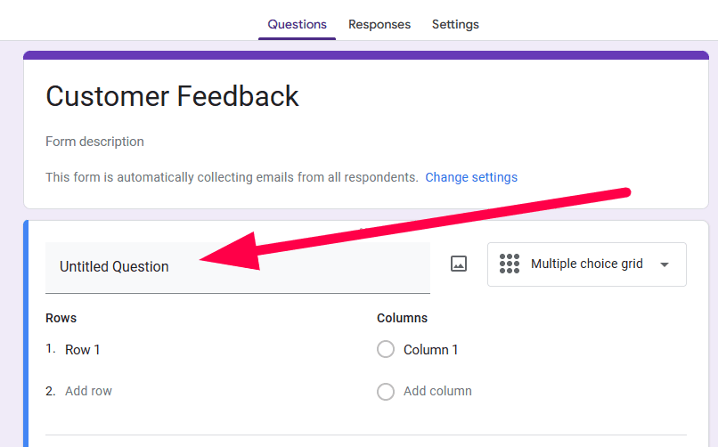 Red arrow pointing towards the question field without a question.