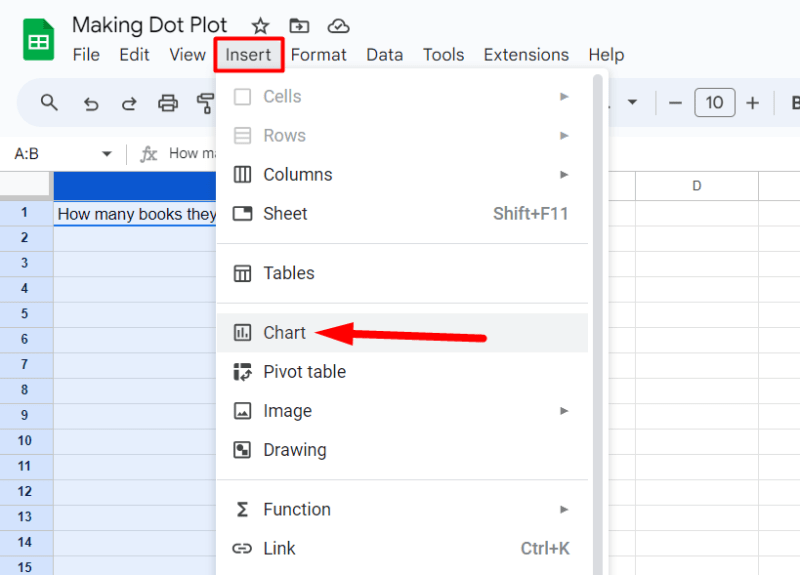 red rectangle highlights ‘Insert’ and a red arrow pointing to ‘Chart’ from the menu