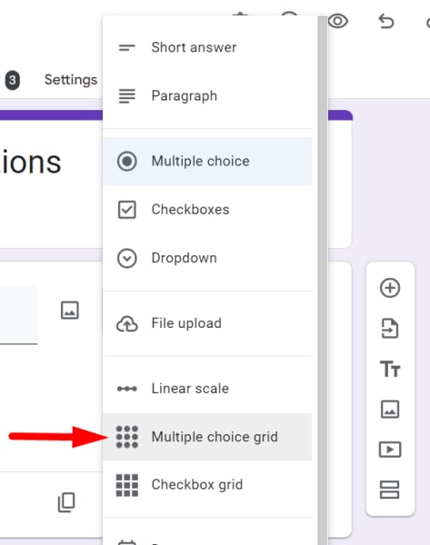 red arrow pointing to the multiple choice grid from a drop down menu in a google form