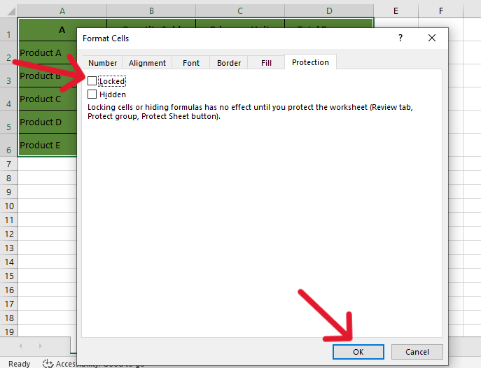 red arrow pointing to ‘Locked’ checkbox when it unchecked and another red arrow pointing to ‘OK’ button