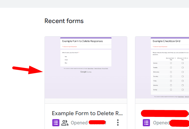 red arrow pointing to a existing form in google forms